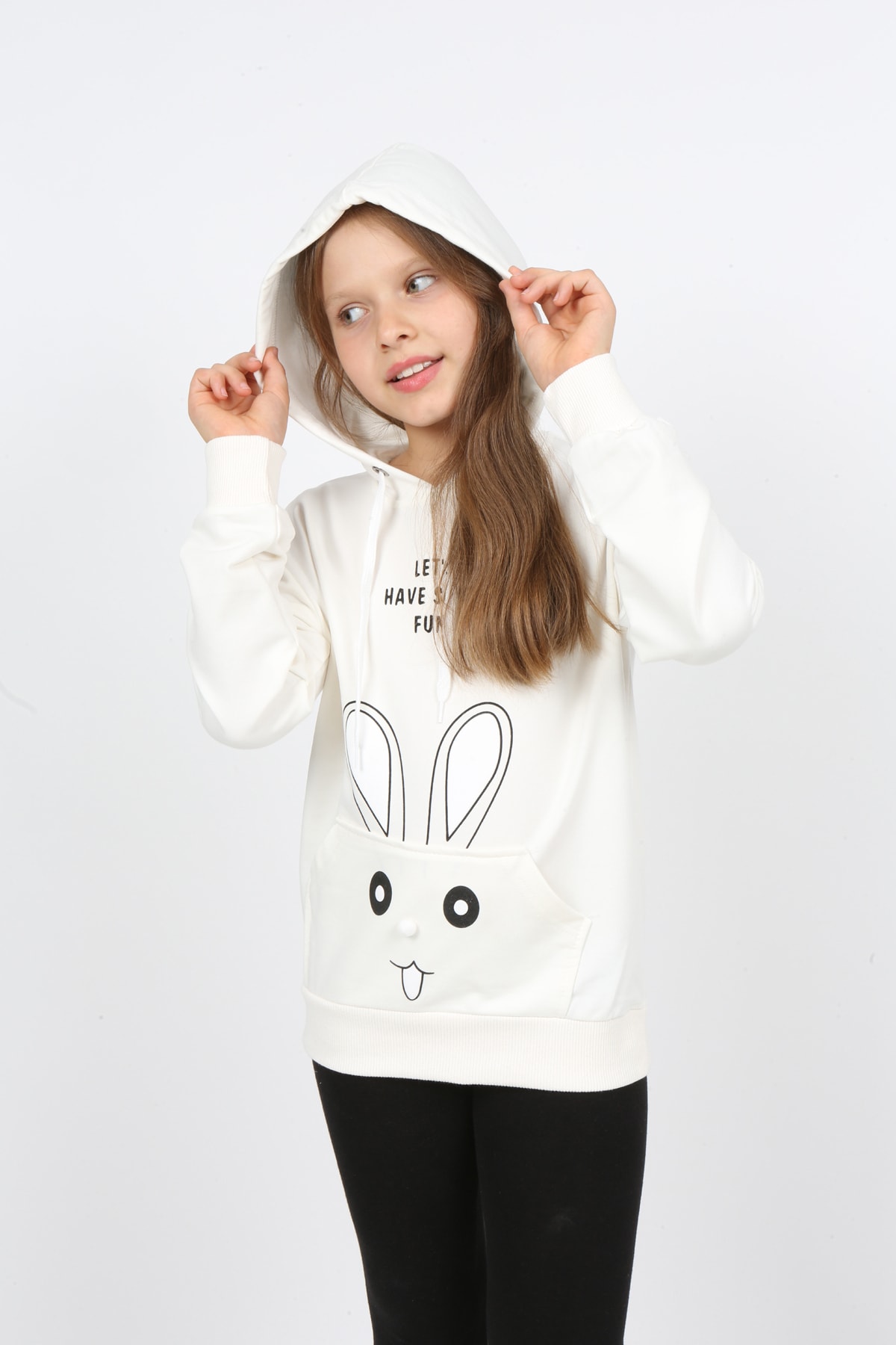 Kız Çocuk Kapüşonlu Cepli Tavşan Baskılı Sweatshirt