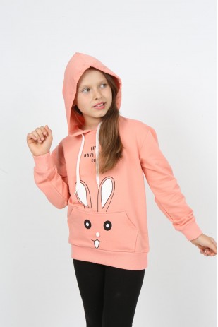 I&k Şımarık Kids سويت شيرت بغطاء رأس وجيب وطبعة أرنب للفتيات