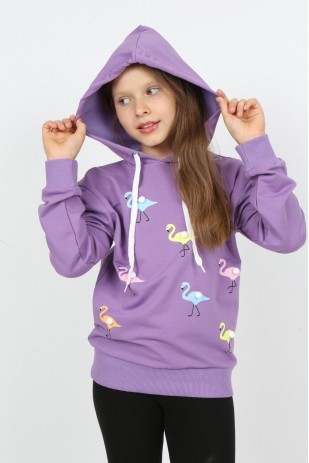 سويت شيرت بغطاء للرأس مطبوع عليه طائر الفلامنغو للفتيات من I&k Şımarık Kids