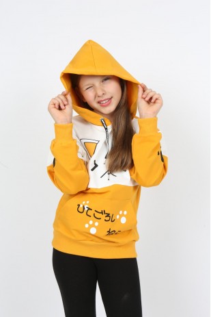 Kız Çocuk Garnili Cepli Baskılı Sweatshirt