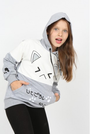 Kız Çocuk Garnili Cepli Baskılı Sweatshirt