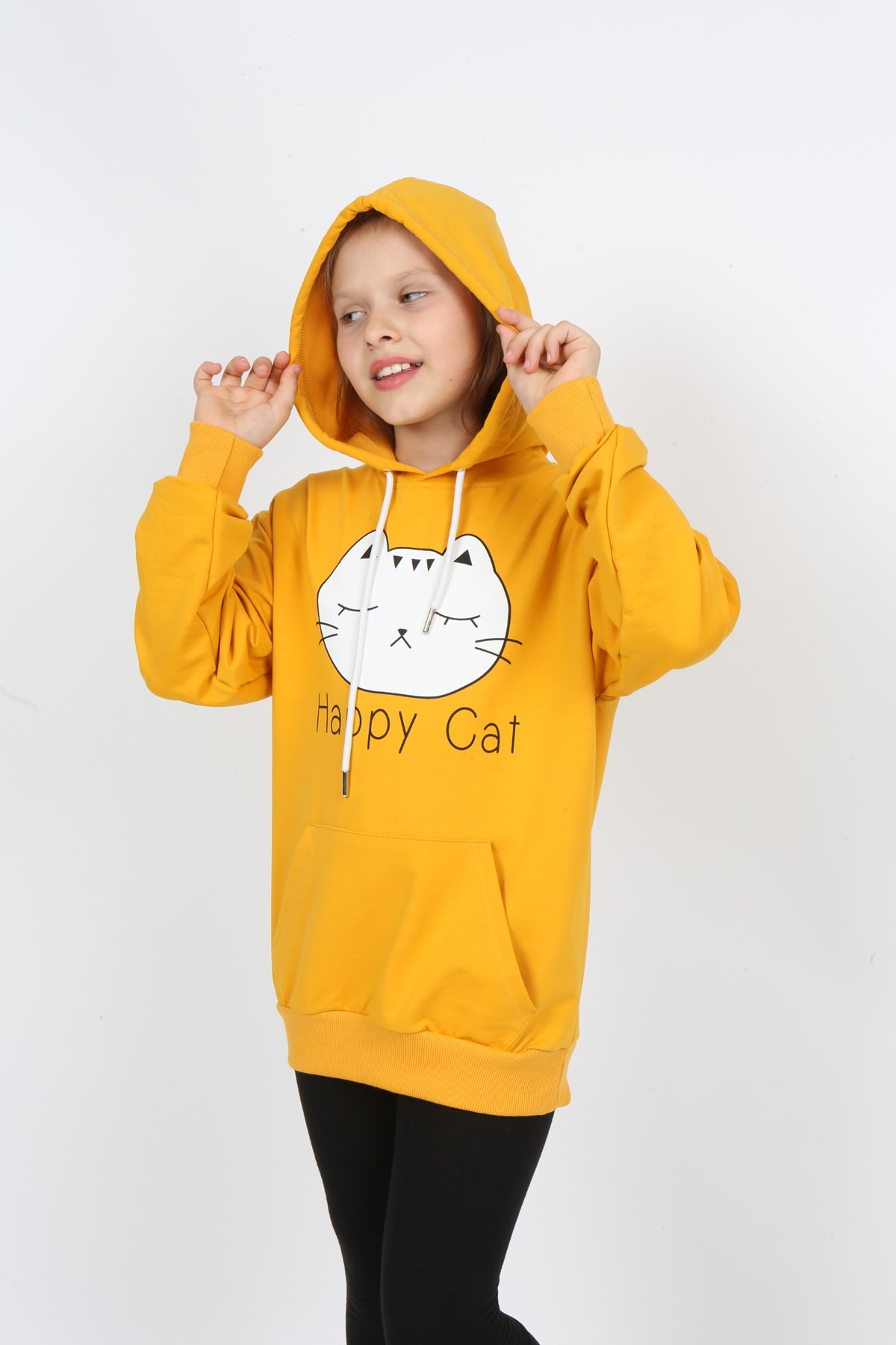 Kız Çocuk Baskılı Kapüşonlu Cepli Sweatshirt