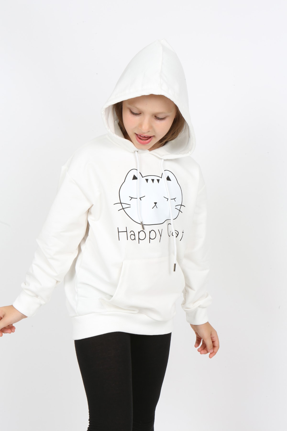 Kız Çocuk Baskılı Kapüşonlu Cepli Sweatshirt