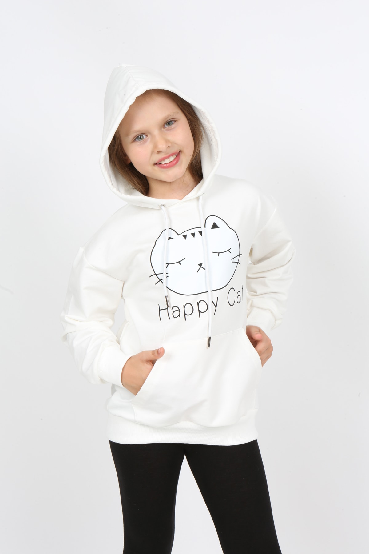 Kız Çocuk Baskılı Kapüşonlu Cepli Sweatshirt