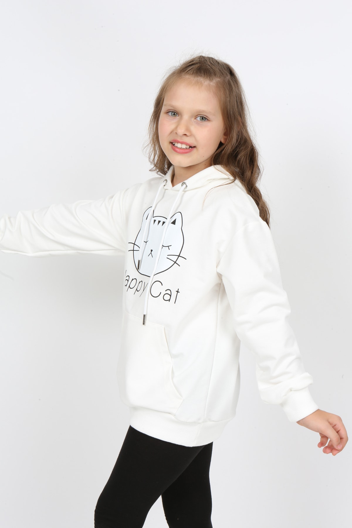 Kız Çocuk Baskılı Kapüşonlu Cepli Sweatshirt