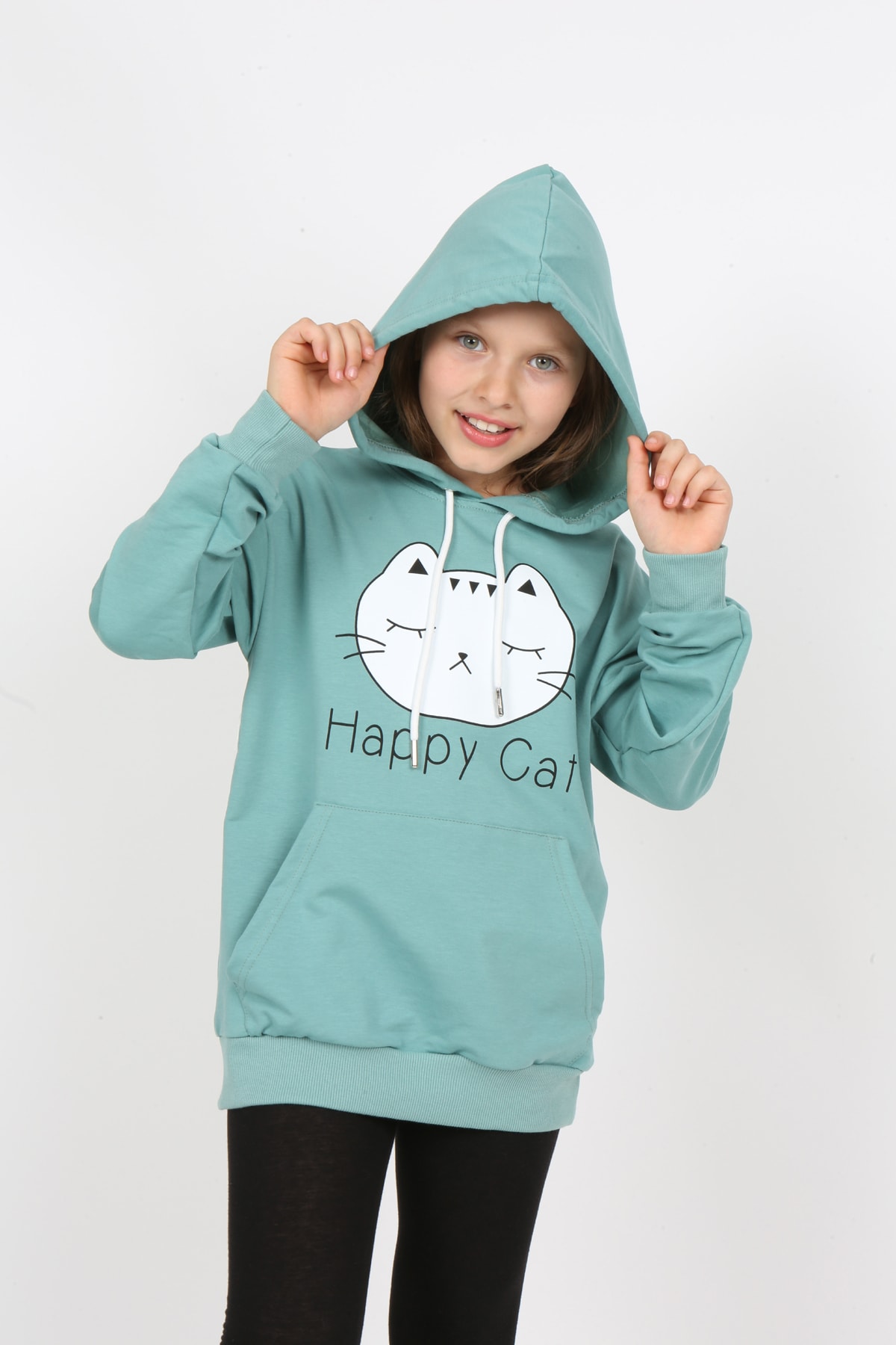 Kız Çocuk Baskılı Kapüşonlu Cepli Sweatshirt