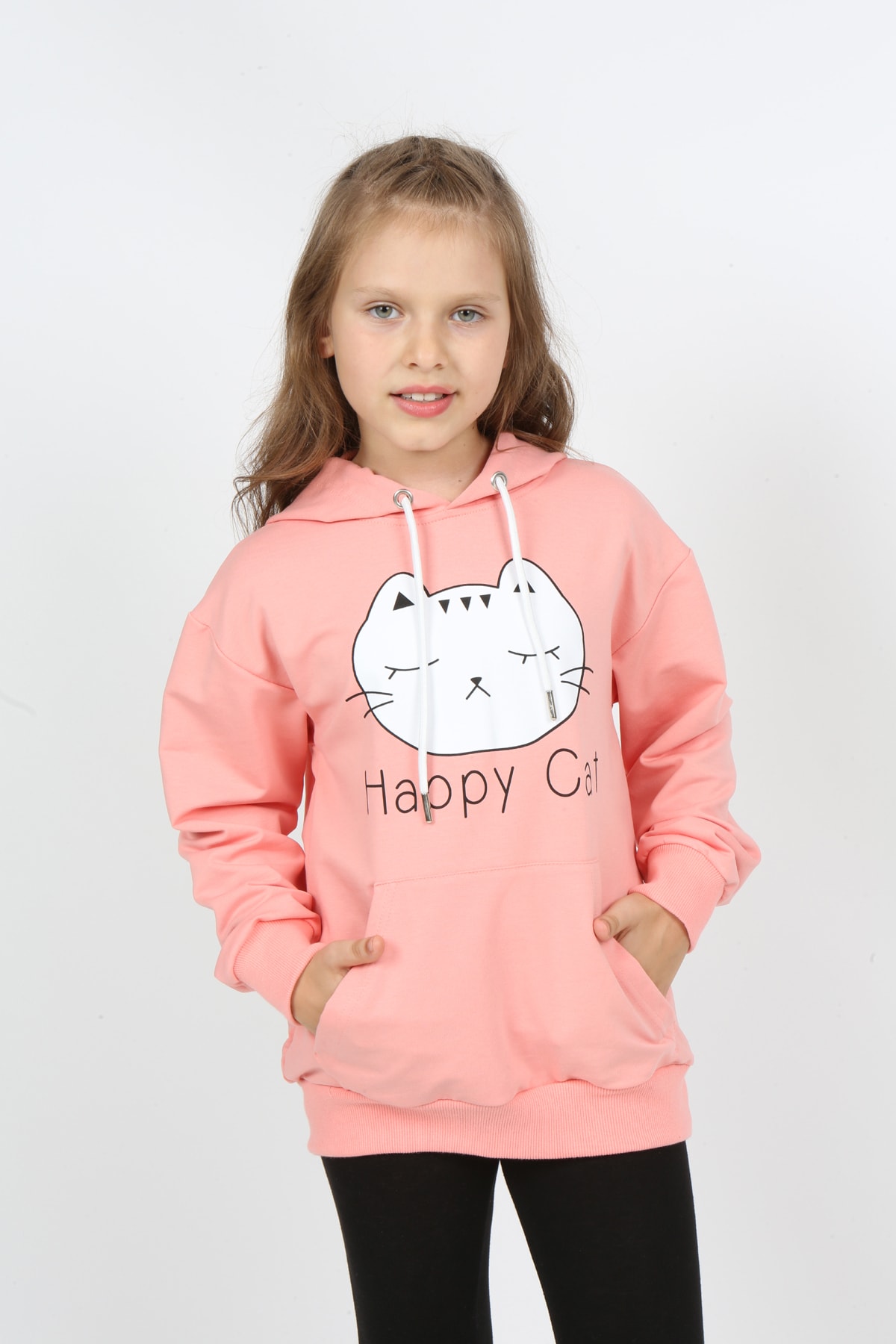 Kız Çocuk Baskılı Kapüşonlu Cepli Sweatshirt