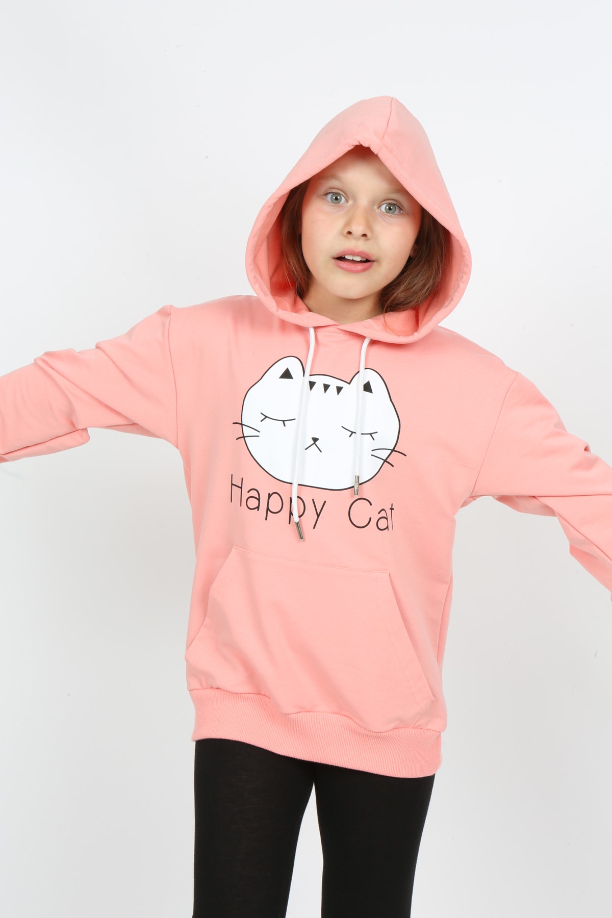 Kız Çocuk Baskılı Kapüşonlu Cepli Sweatshirt