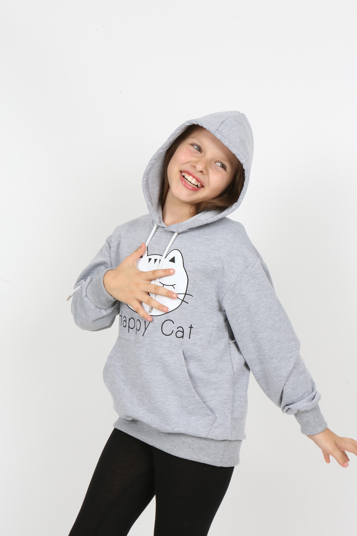 Kız Çocuk Baskılı Kapüşonlu Cepli Sweatshirt