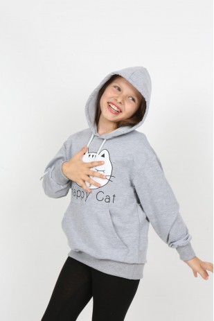 Kız Çocuk Baskılı Kapüşonlu Cepli Sweatshirt