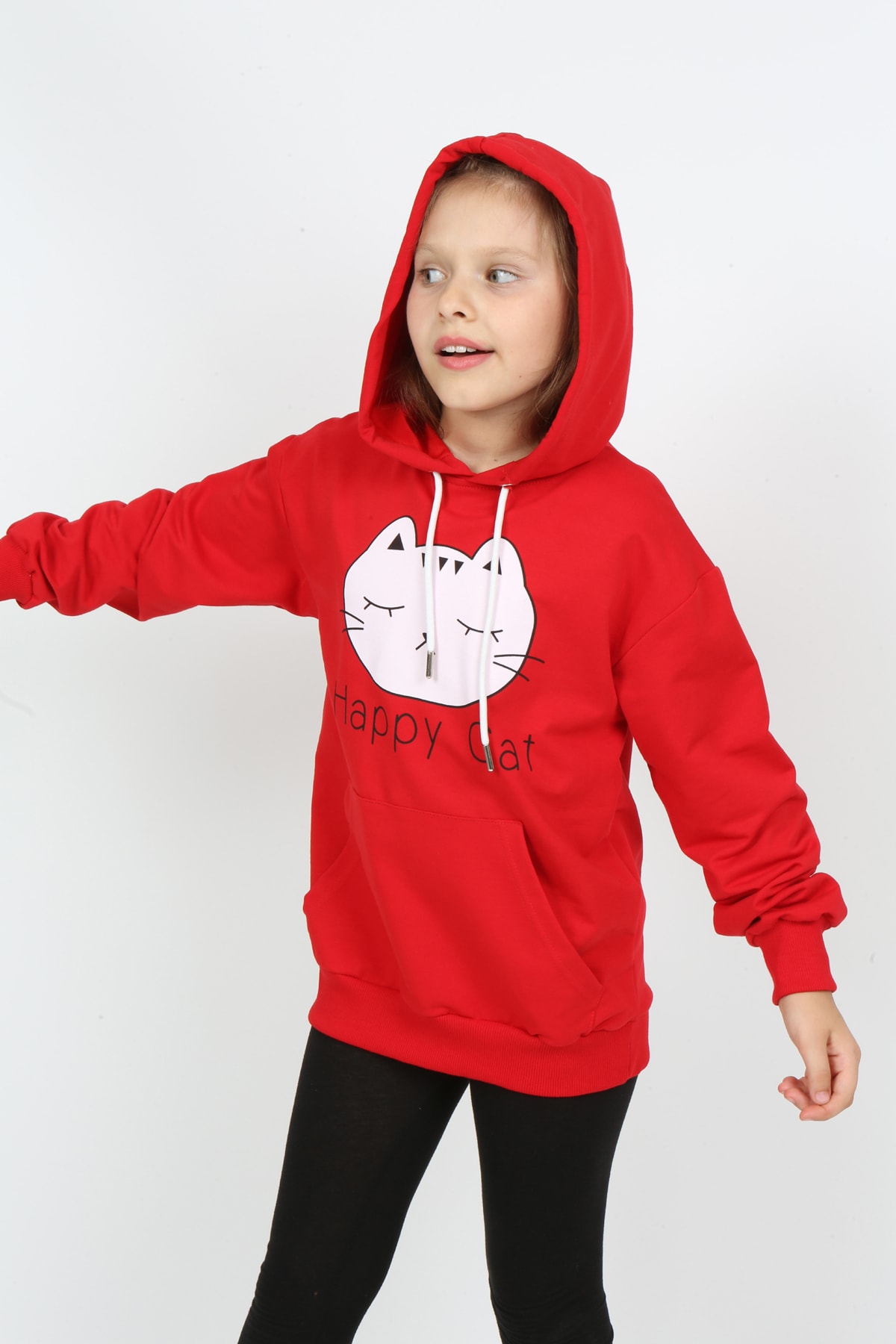 Kız Çocuk Baskılı Kapüşonlu Cepli Sweatshirt
