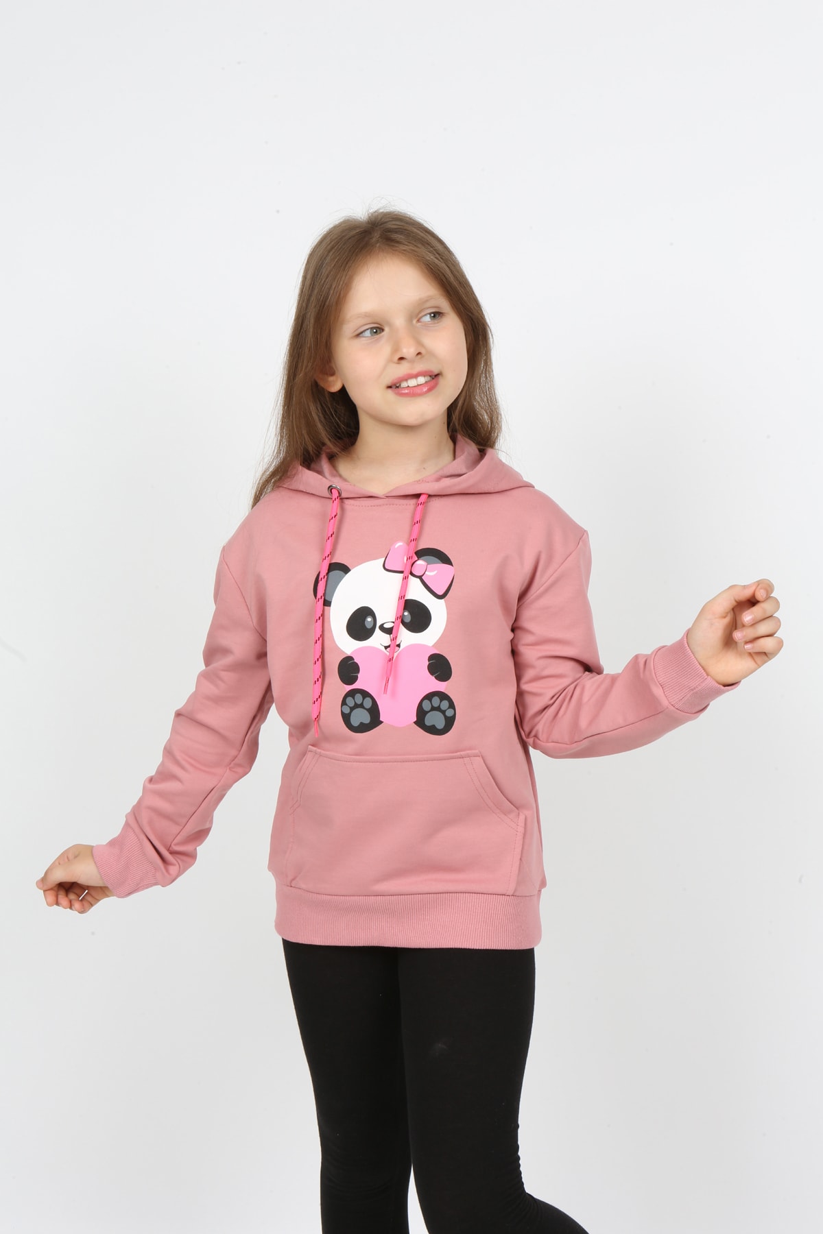 Kız Çocuk Kapüşonlu Cepli Ayıcık Baskılı Sweatshirt