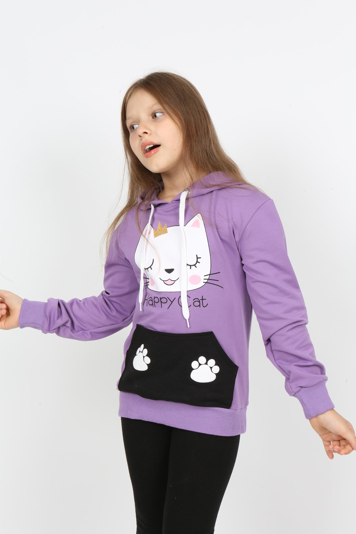 Kız Çocuk Kapüşonlu Cepli Baskılı Sweatshirt