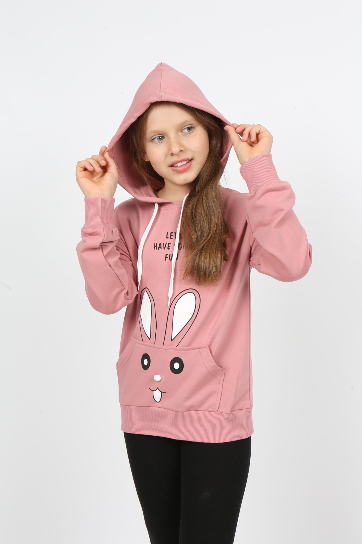 Kız Çocuk Kapüşonlu Cepli Tavşan Baskılı Sweatshirt