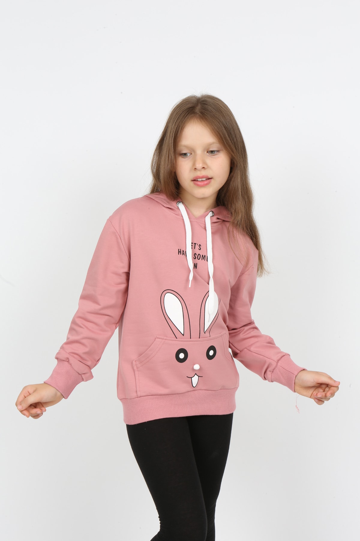 Kız Çocuk Kapüşonlu Cepli Tavşan Baskılı Sweatshirt