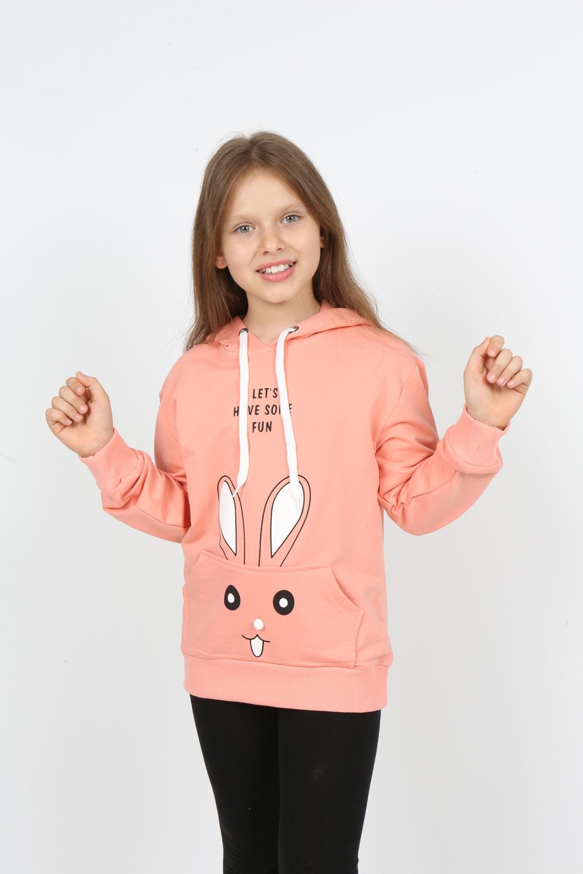 I&k Şımarık Kids سويت شيرت بغطاء رأس وجيب وطبعة أرنب للفتيات