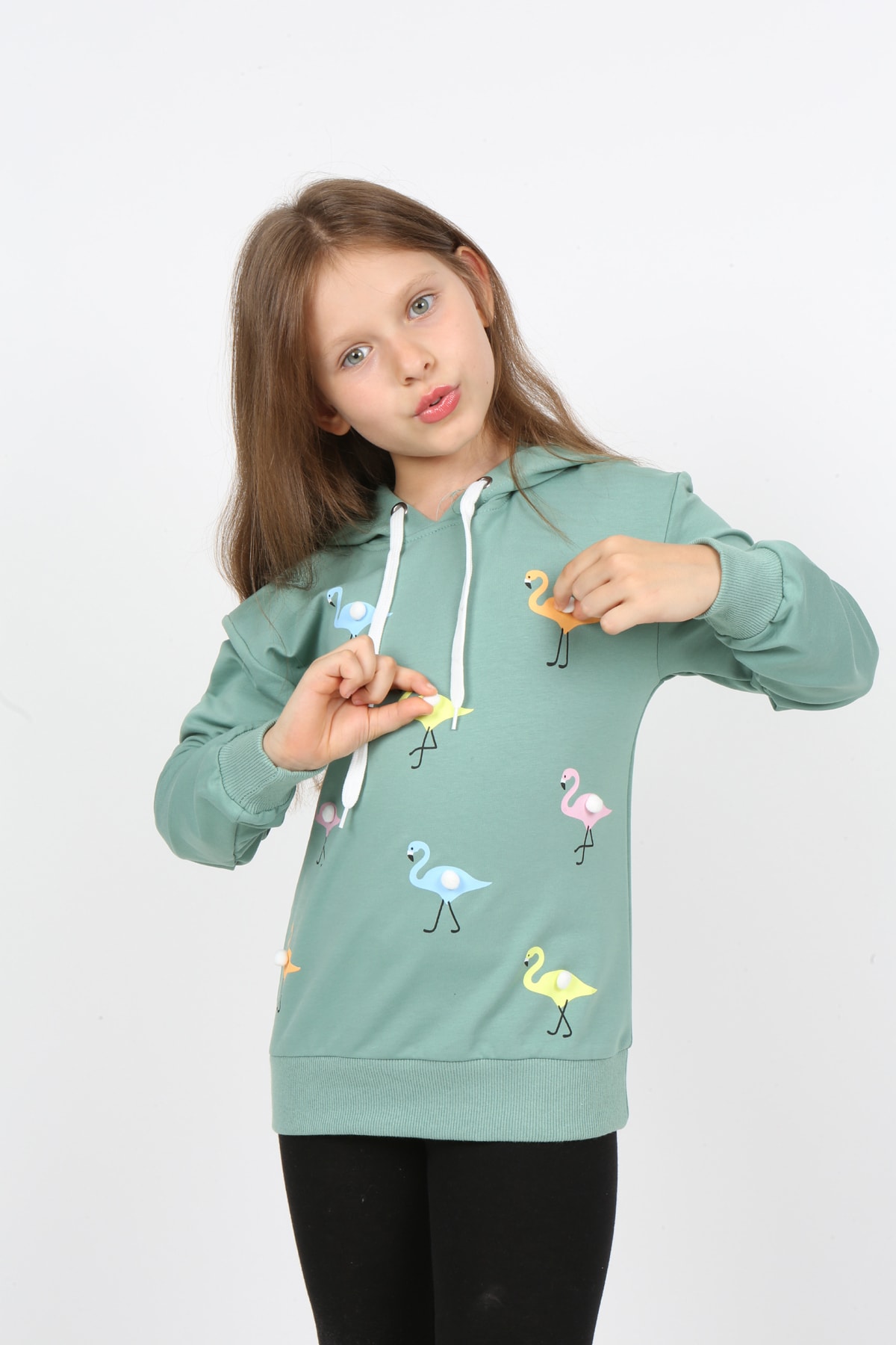 I&k Şımarık Kids Kız Çocuk Kapüşonlu Flamingo Baskılı Sweatshirt