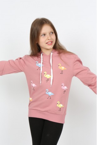 سويت شيرت بغطاء للرأس مطبوع عليه طائر الفلامنغو للفتيات من I&k Şımarık Kids