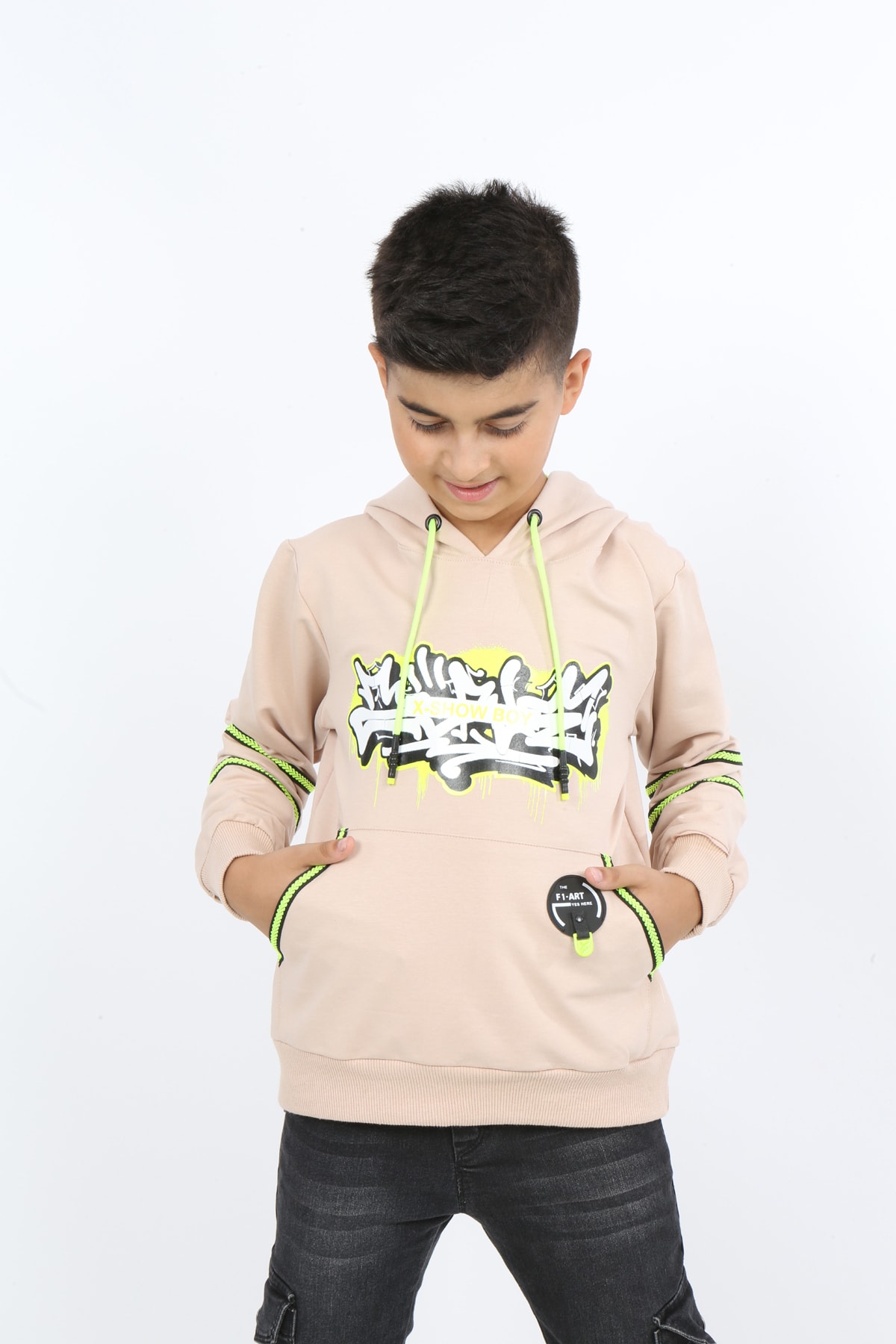 سويت شيرت بغطاء للرأس مطبوع للأولاد مع جيب