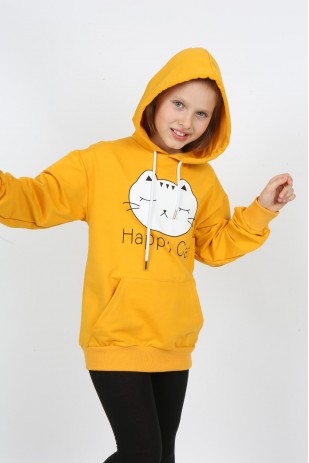 Kız Çocuk Baskılı Kapüşonlu Cepli Sweatshirt