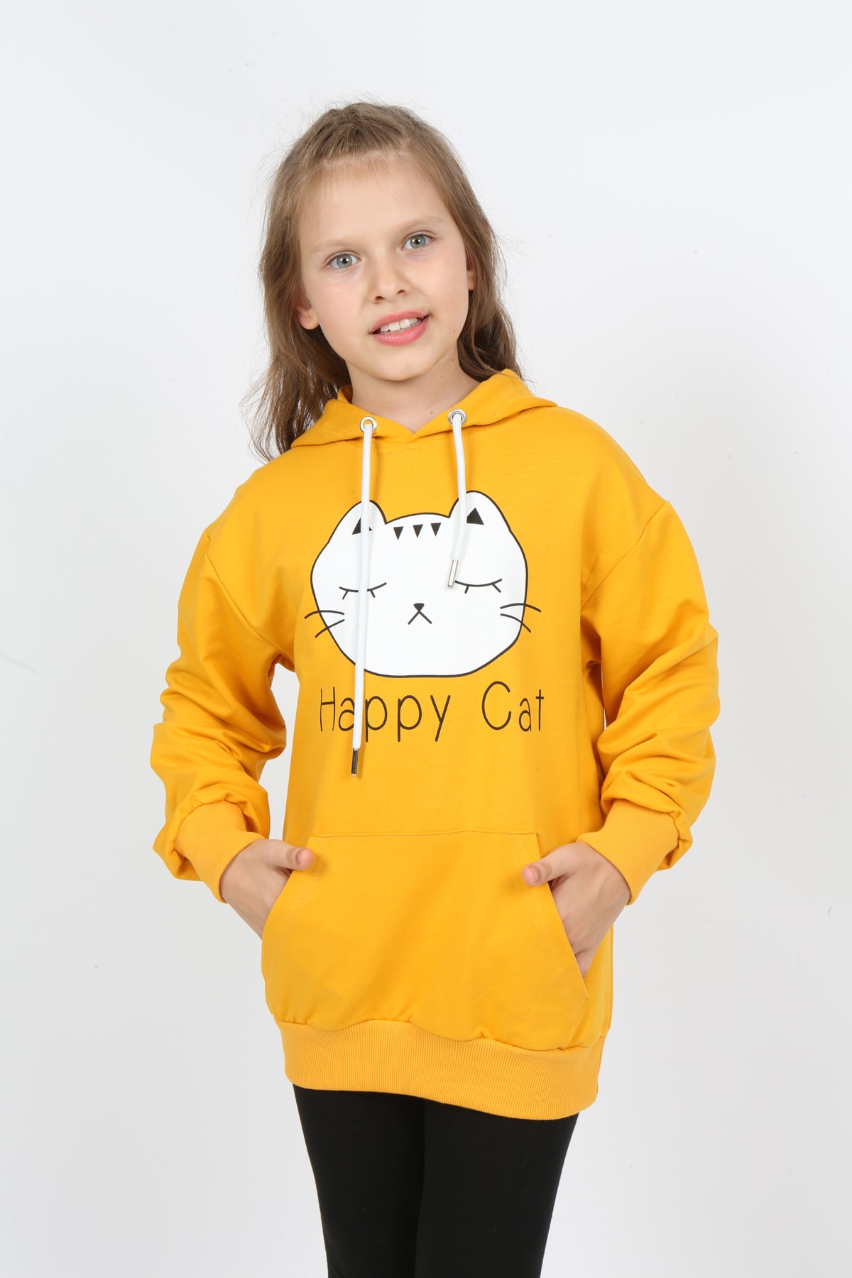 Kız Çocuk Baskılı Kapüşonlu Cepli Sweatshirt