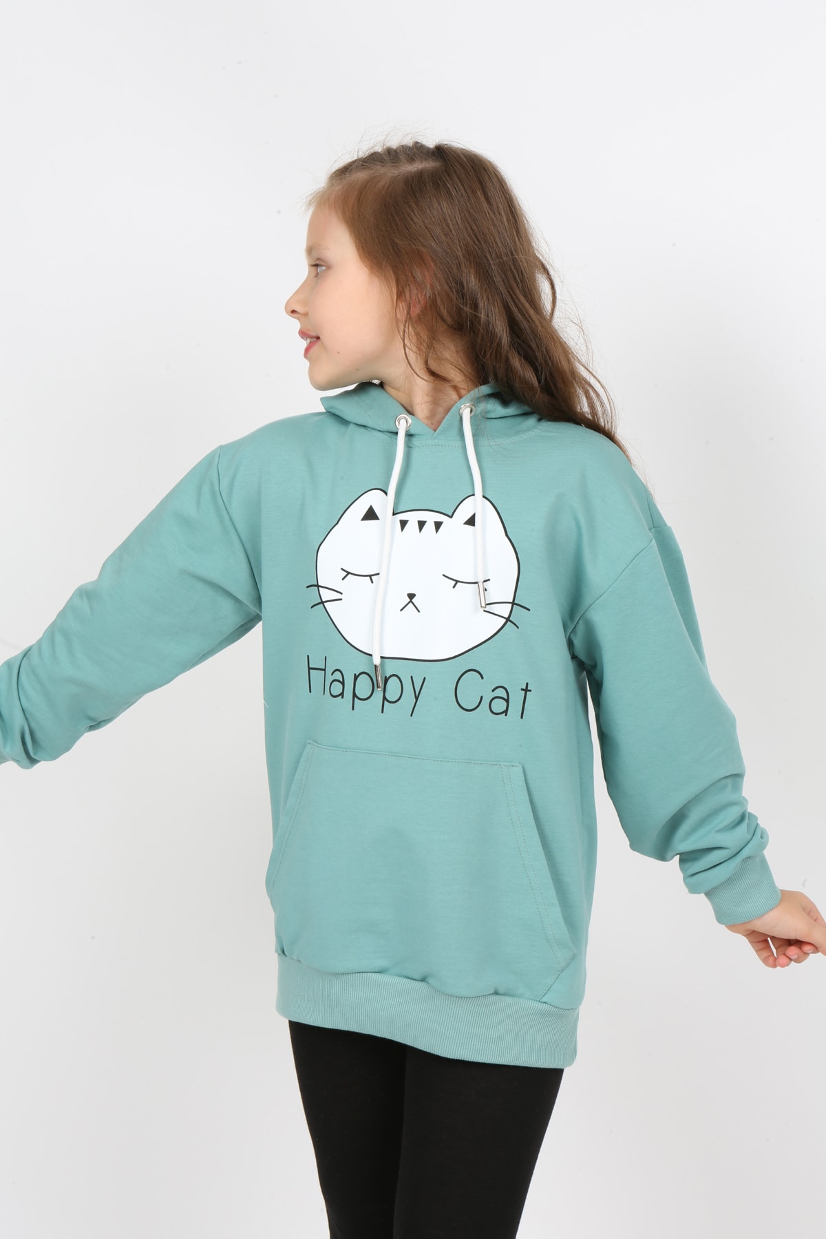 Kız Çocuk Baskılı Kapüşonlu Cepli Sweatshirt