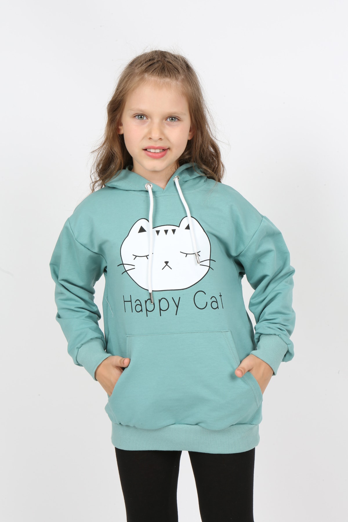 Kız Çocuk Baskılı Kapüşonlu Cepli Sweatshirt