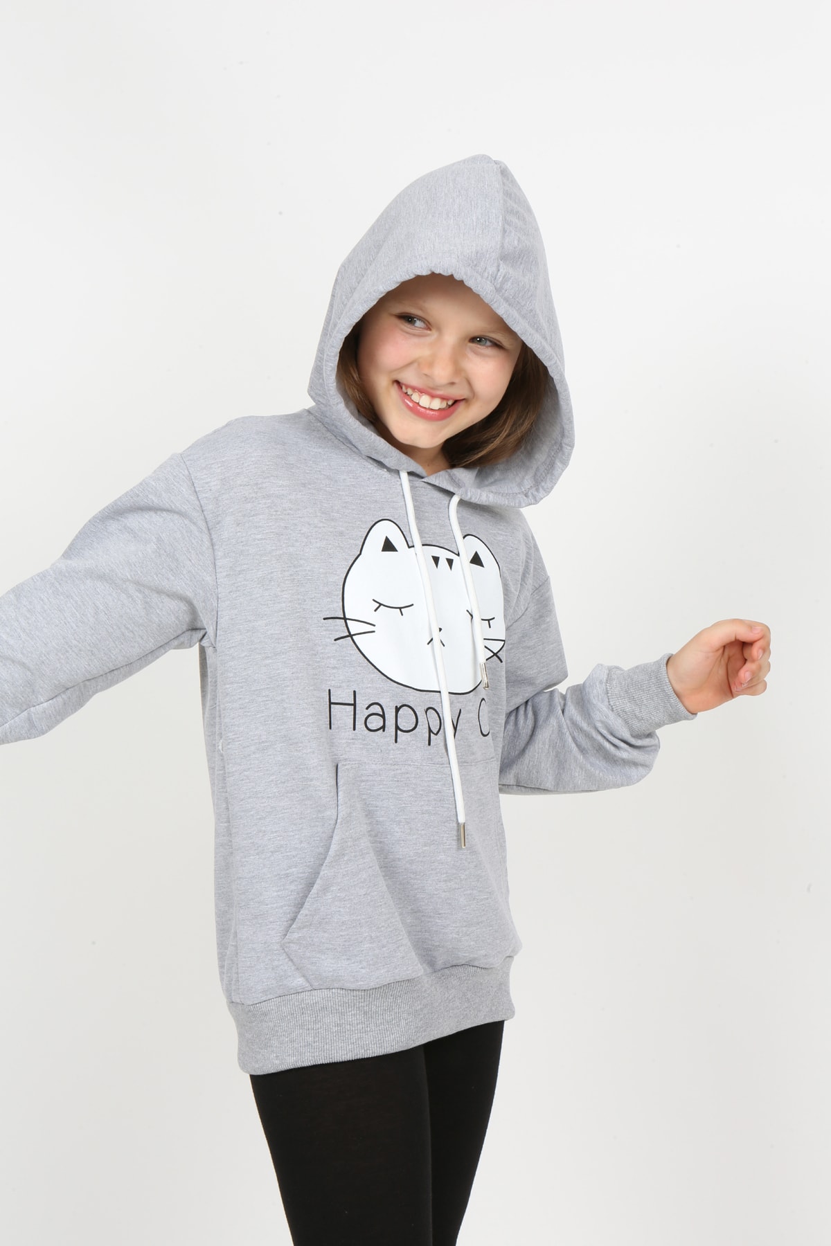 Kız Çocuk Baskılı Kapüşonlu Cepli Sweatshirt