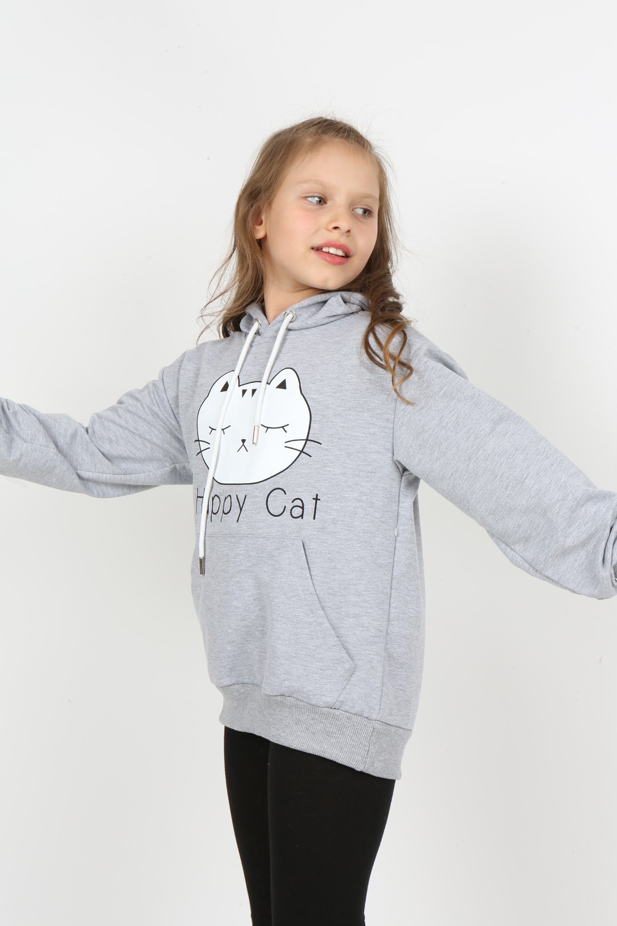 Kız Çocuk Baskılı Kapüşonlu Cepli Sweatshirt