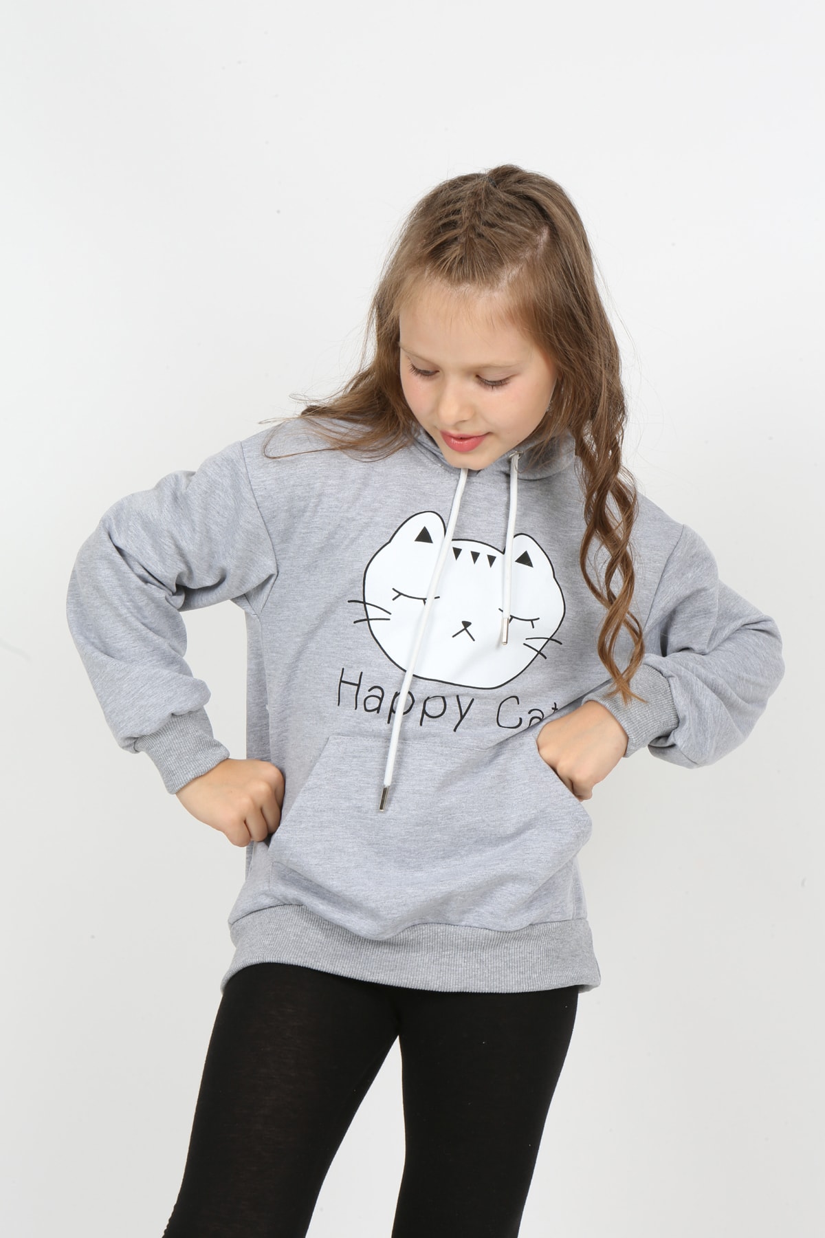 Kız Çocuk Baskılı Kapüşonlu Cepli Sweatshirt