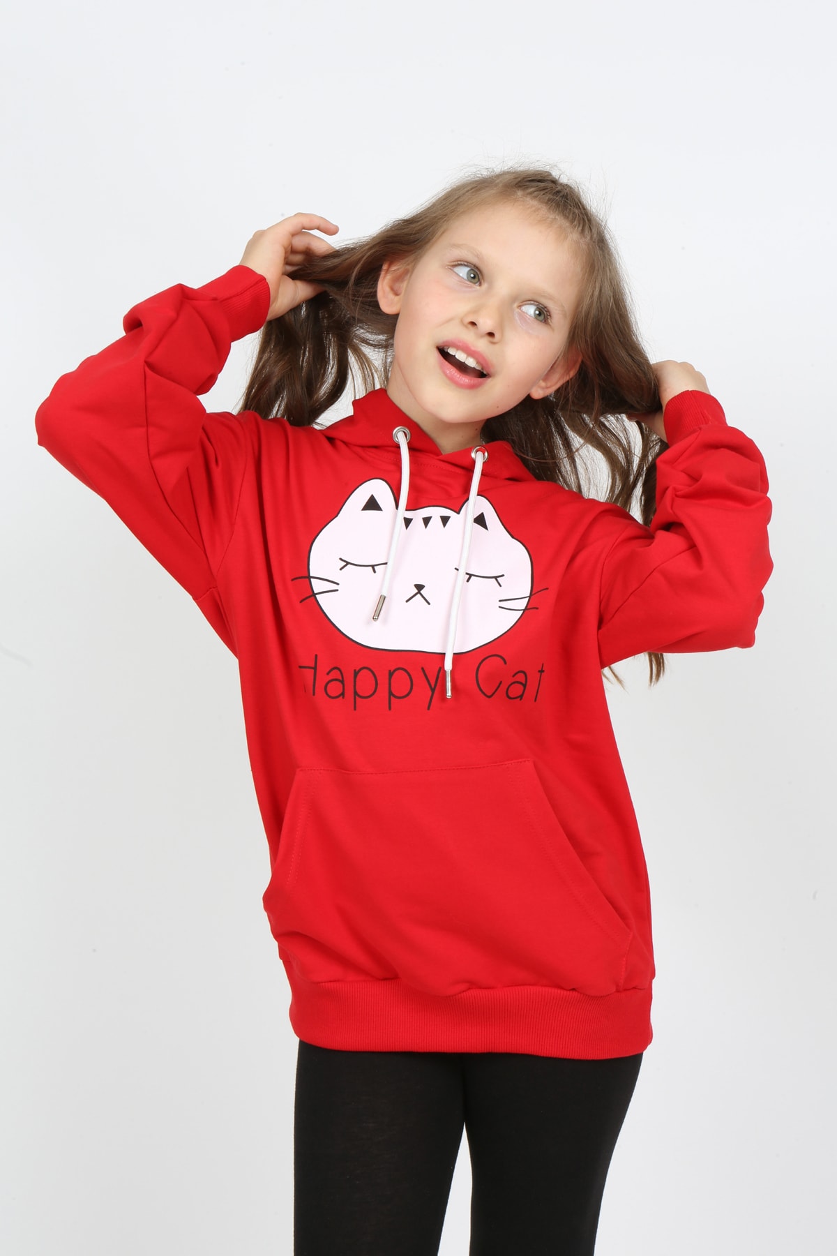 Kız Çocuk Baskılı Kapüşonlu Cepli Sweatshirt