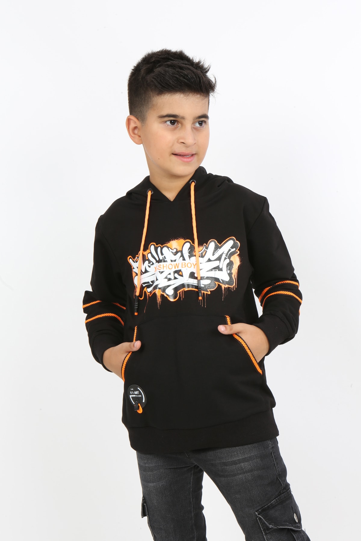 سويت شيرت بغطاء للرأس مطبوع للأولاد مع جيب
