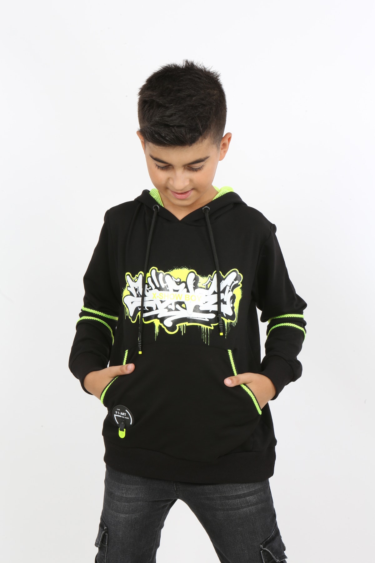 Erkek Çocuk Baskılı Kapüşonlu Cepli Sweatshirt