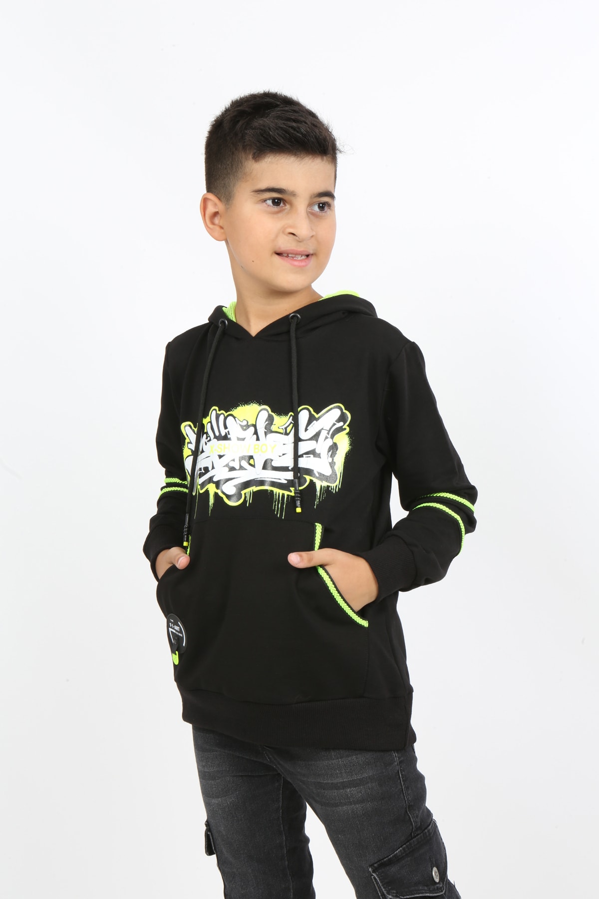Erkek Çocuk Baskılı Kapüşonlu Cepli Sweatshirt
