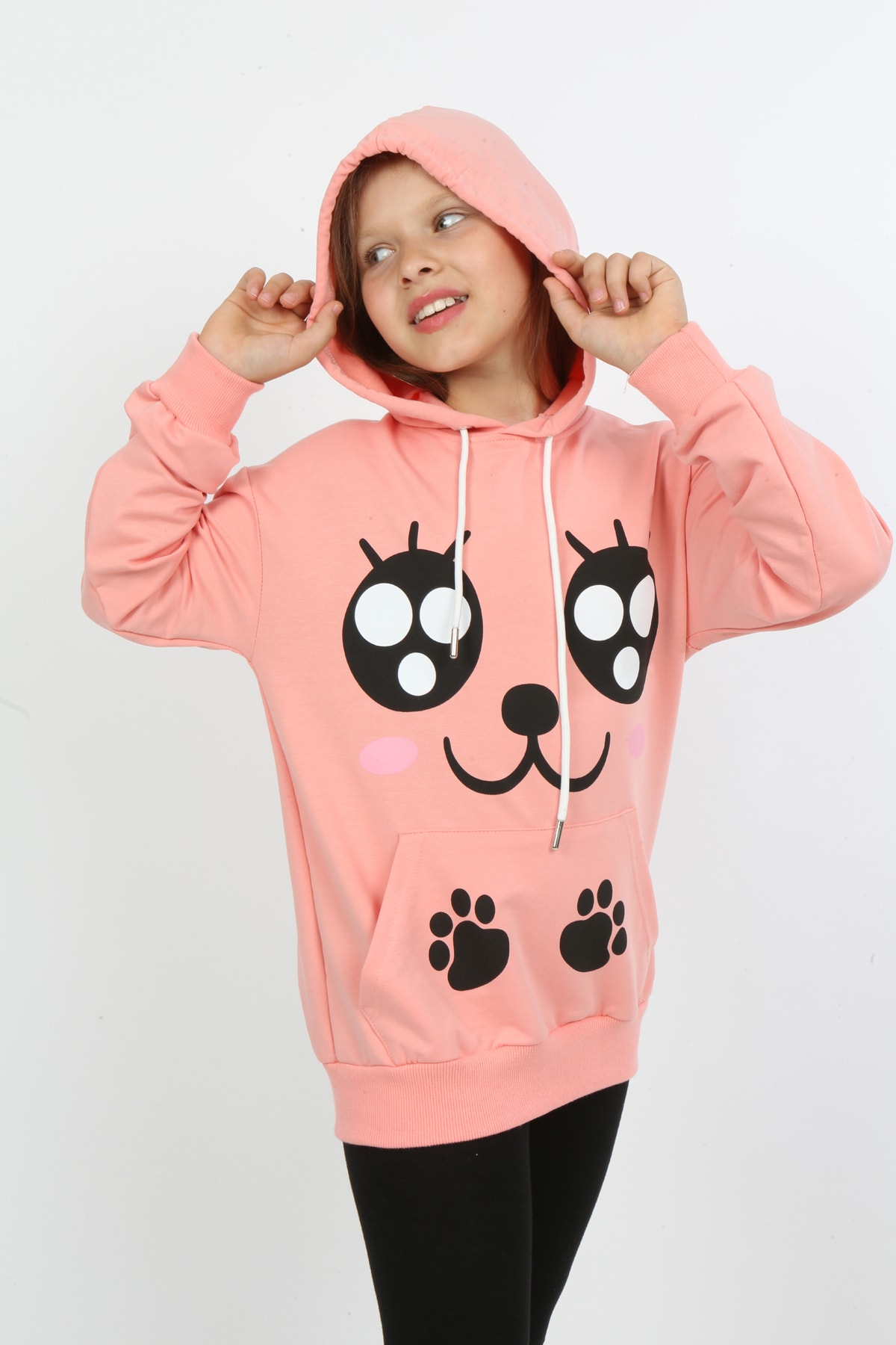 Kız Çocuk Baskılı Kapüşonlu Cepli Sweatshirt