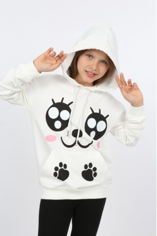 Kız Çocuk Baskılı Kapüşonlu Cepli Sweatshirt