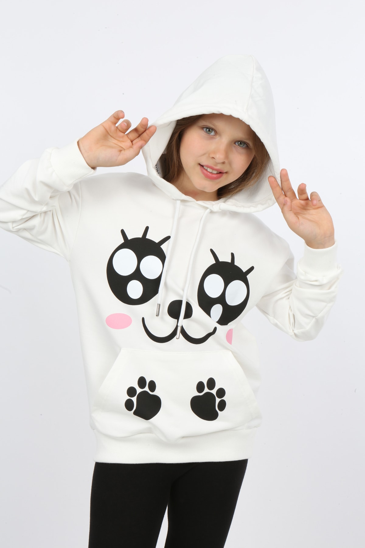 Kız Çocuk Baskılı Kapüşonlu Cepli Sweatshirt