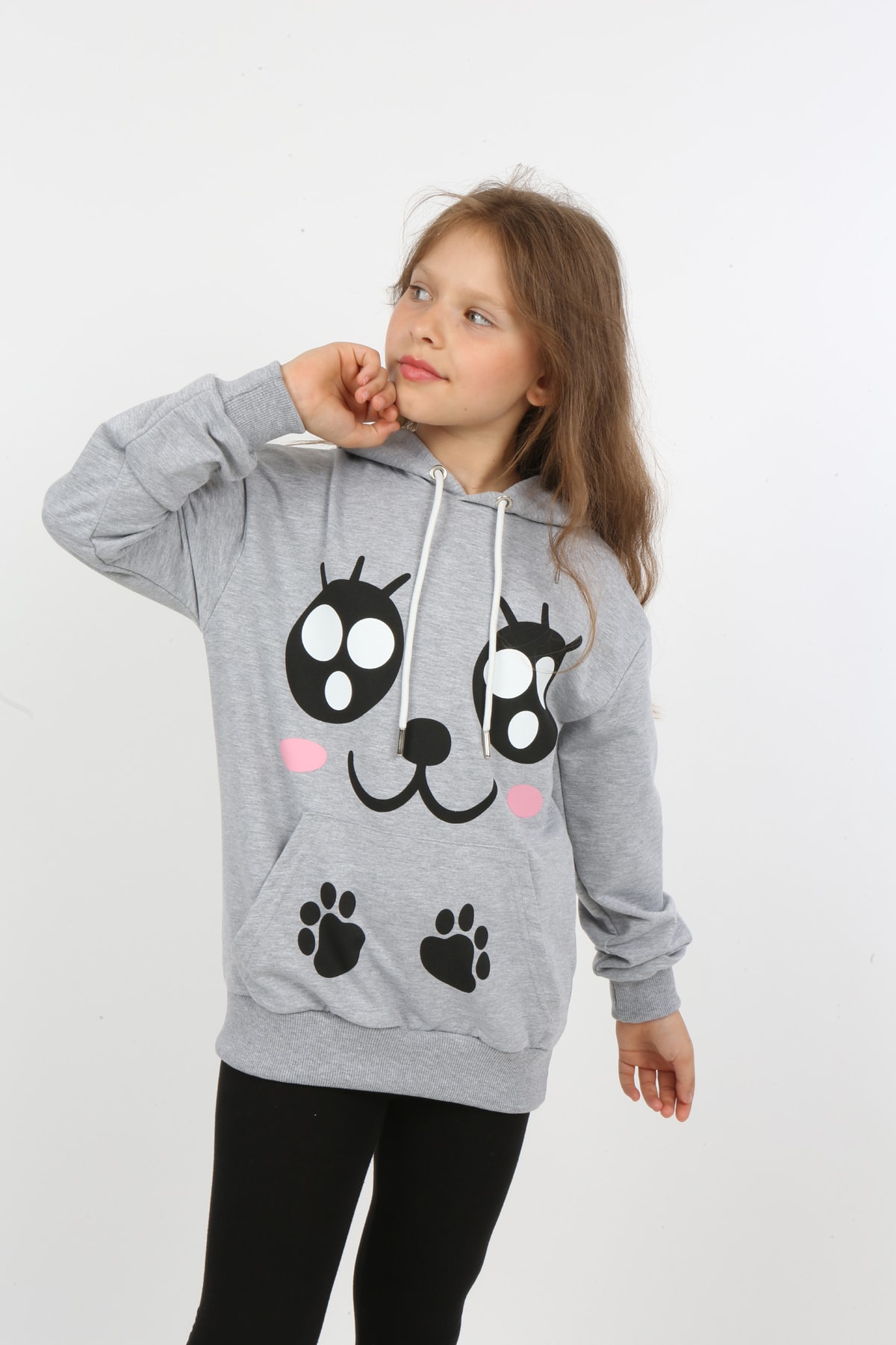 Kız Çocuk Baskılı Kapüşonlu Cepli Sweatshirt
