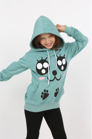 Kız Çocuk Baskılı Kapüşonlu Cepli Sweatshirt