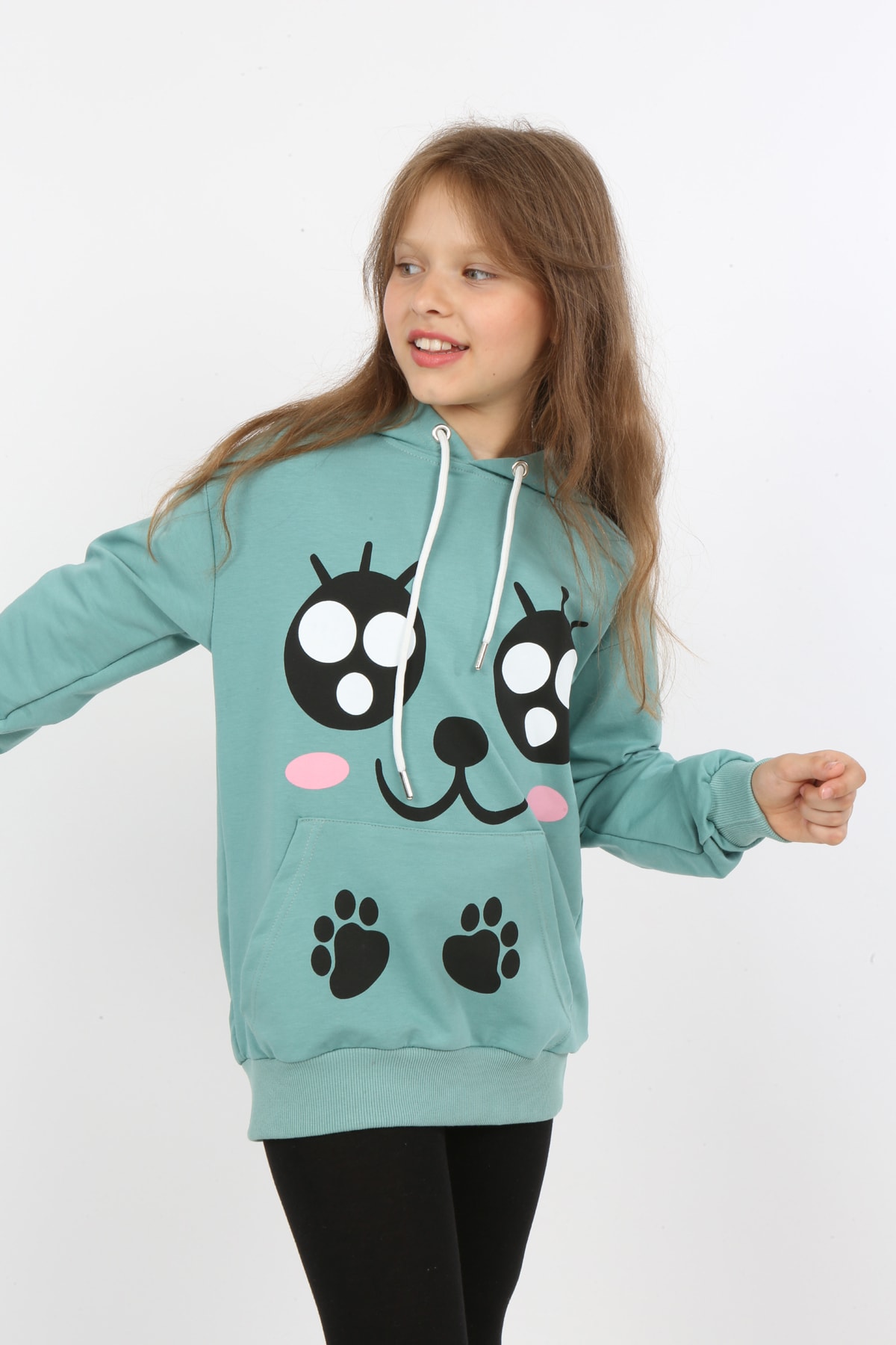 Kız Çocuk Baskılı Kapüşonlu Cepli Sweatshirt