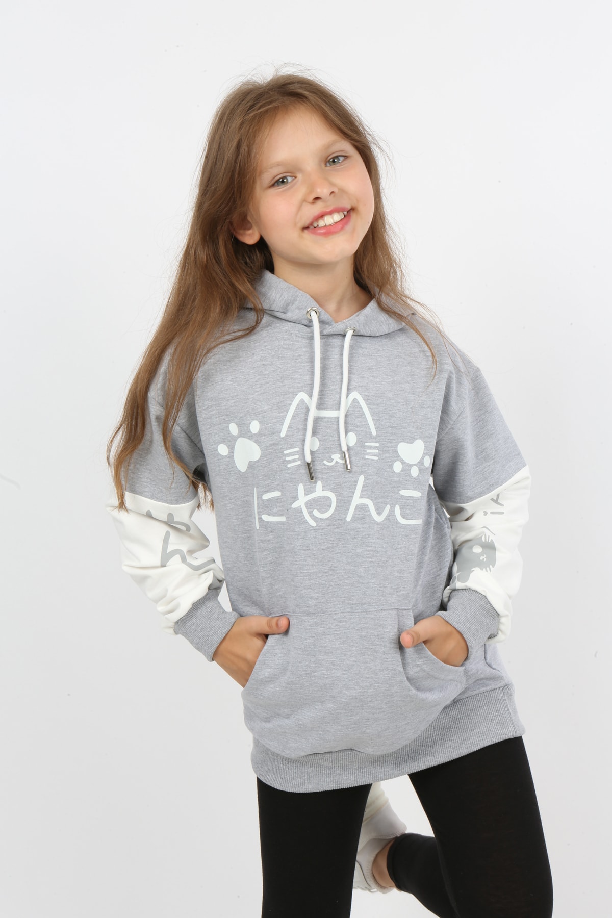 Kız Çocuk Baskılı Kapüşonlu Cepli Sweatshirt
