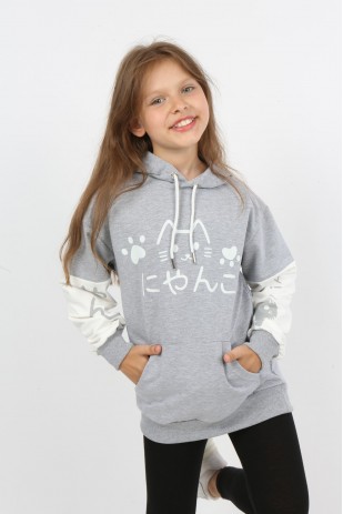 Kız Çocuk Baskılı Kapüşonlu Cepli Sweatshirt