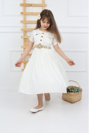 فستان عادي بأزرار وجيب أبيض للفتيات