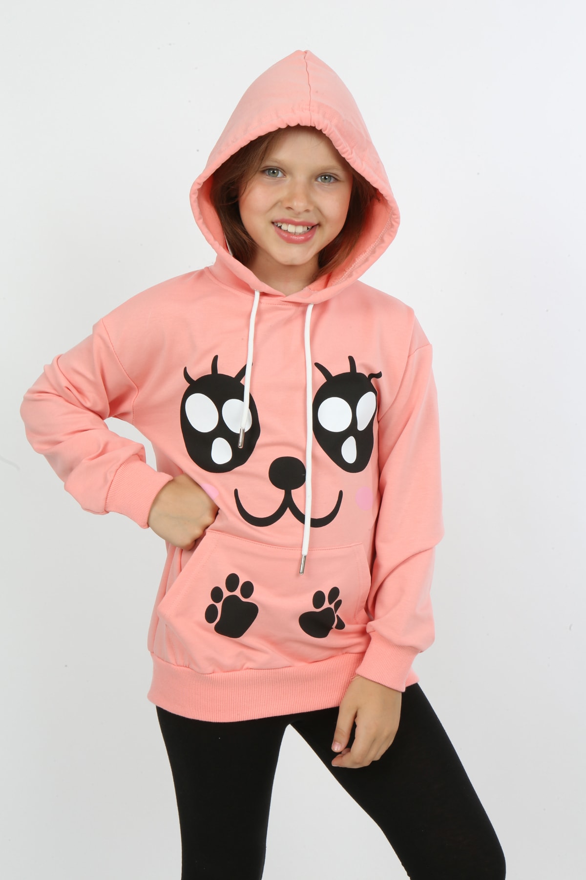 Kız Çocuk Baskılı Kapüşonlu Cepli Sweatshirt