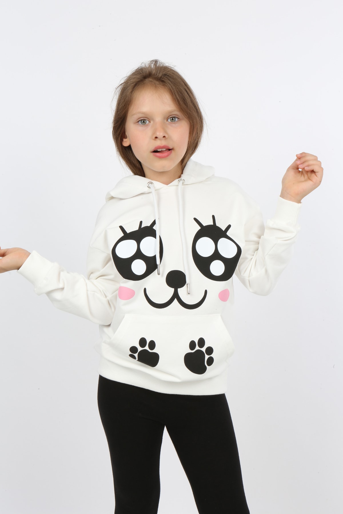 Kız Çocuk Baskılı Kapüşonlu Cepli Sweatshirt