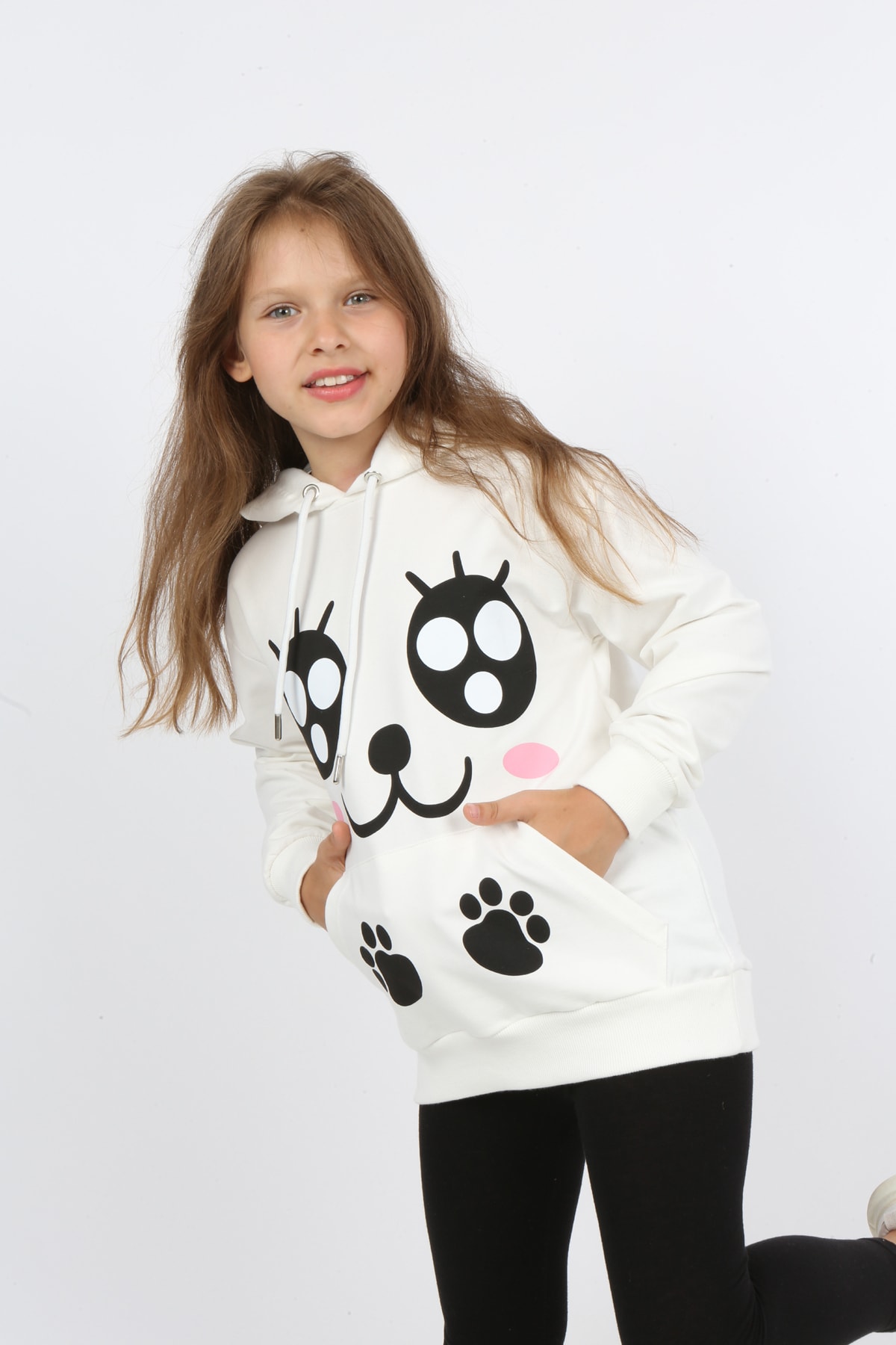 Kız Çocuk Baskılı Kapüşonlu Cepli Sweatshirt