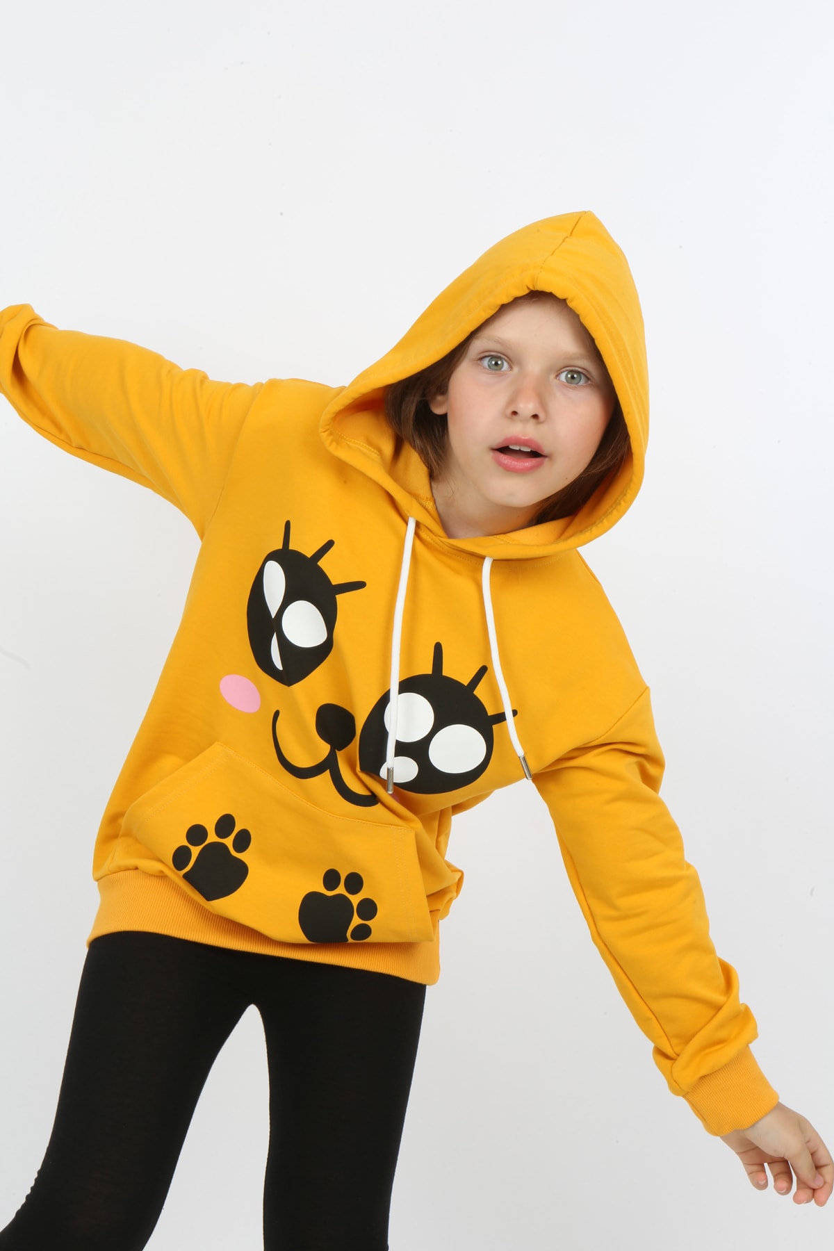 Kız Çocuk Baskılı Kapüşonlu Cepli Sweatshirt