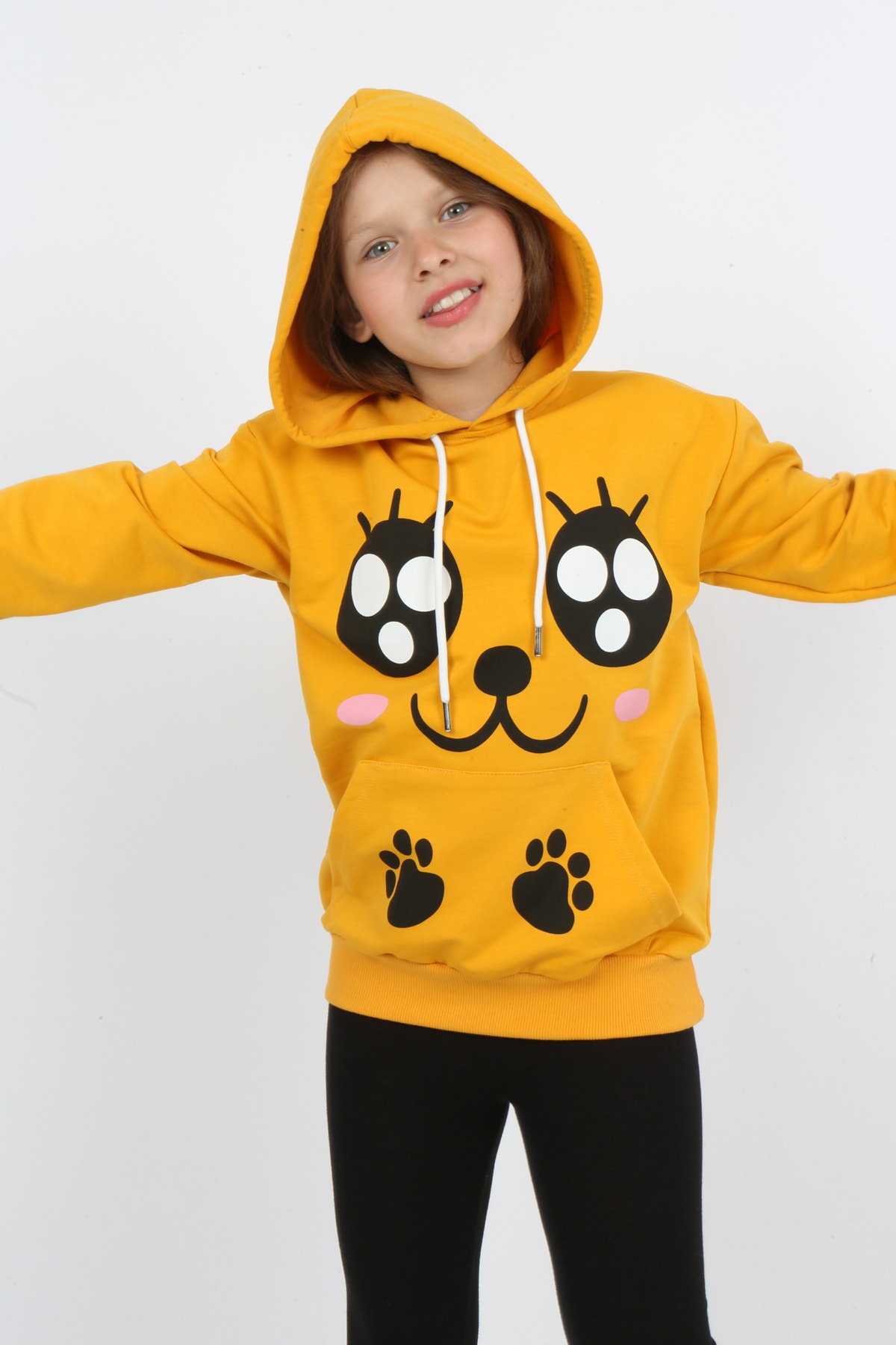 Kız Çocuk Baskılı Kapüşonlu Cepli Sweatshirt