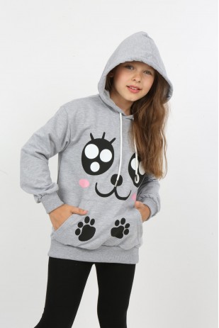 Kız Çocuk Baskılı Kapüşonlu Cepli Sweatshirt
