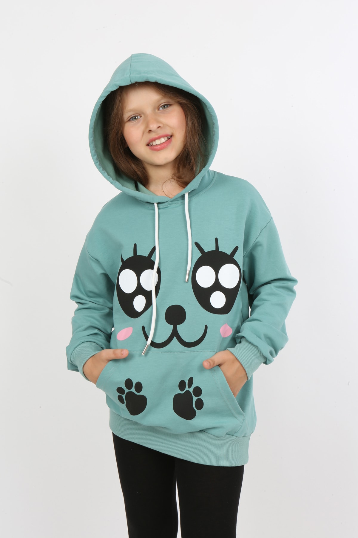 Kız Çocuk Baskılı Kapüşonlu Cepli Sweatshirt